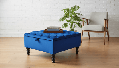 Luxury Royal Blue Square Ottoman Storage Bench – Multifunctional Coffee Table & Hidden Storage - ISTOOLS