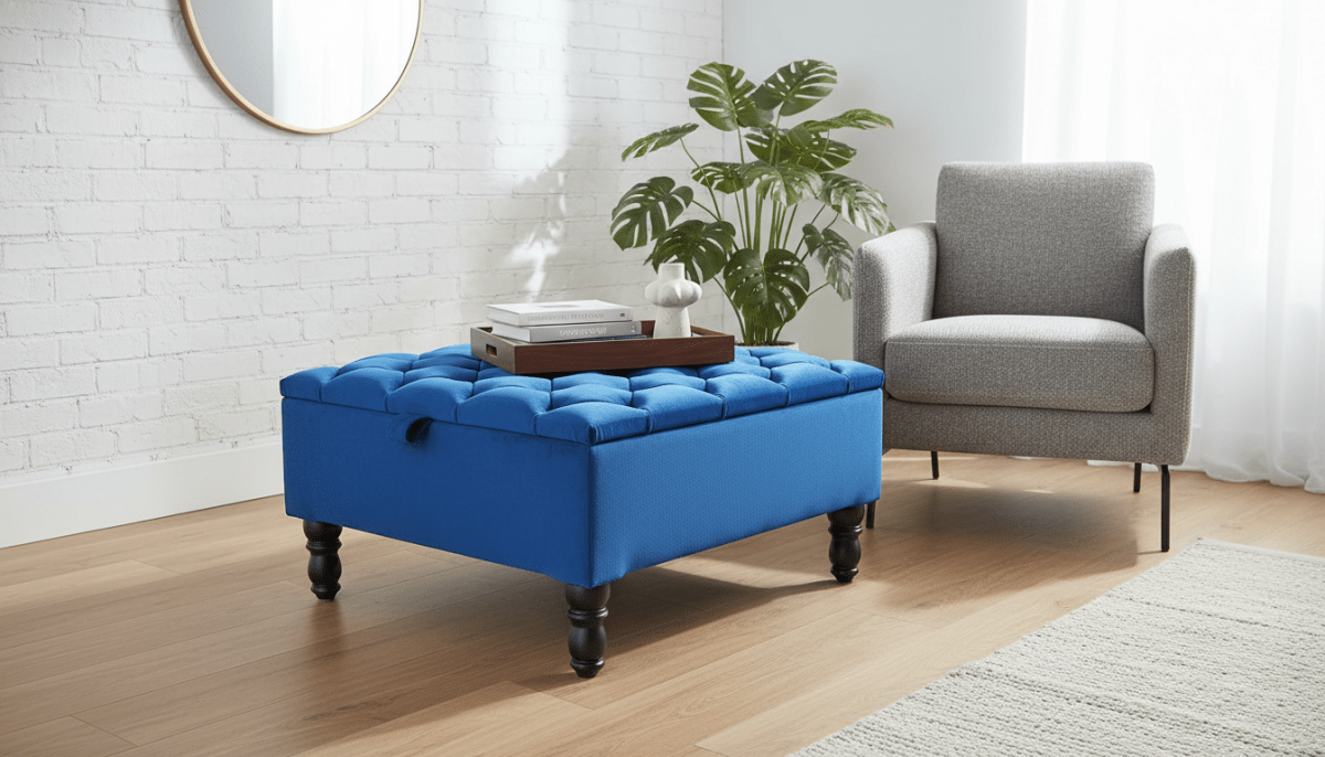 Luxury Royal Blue Square Ottoman Storage Bench – Multifunctional Coffee Table & Hidden Storage - ISTOOLS
