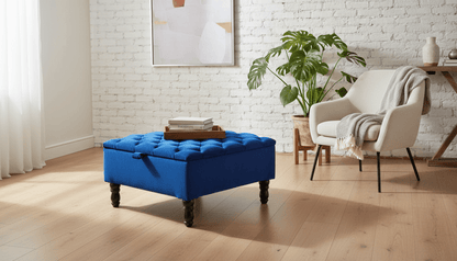 Luxury Royal Blue Square Ottoman Storage Bench – Multifunctional Coffee Table & Hidden Storage - ISTOOLS