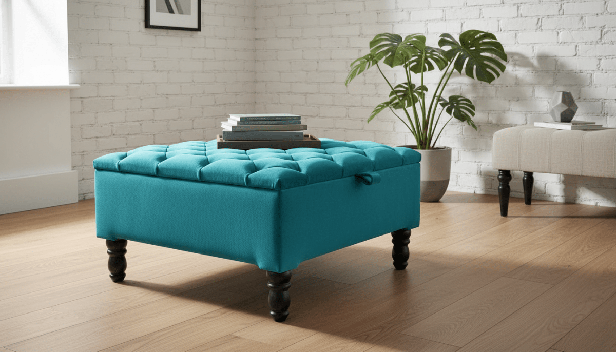 Luxury Square Ottoman Storage Bench in Aqua – Multifunctional Coffee Table & Hidden Storage - ISTOOLS
