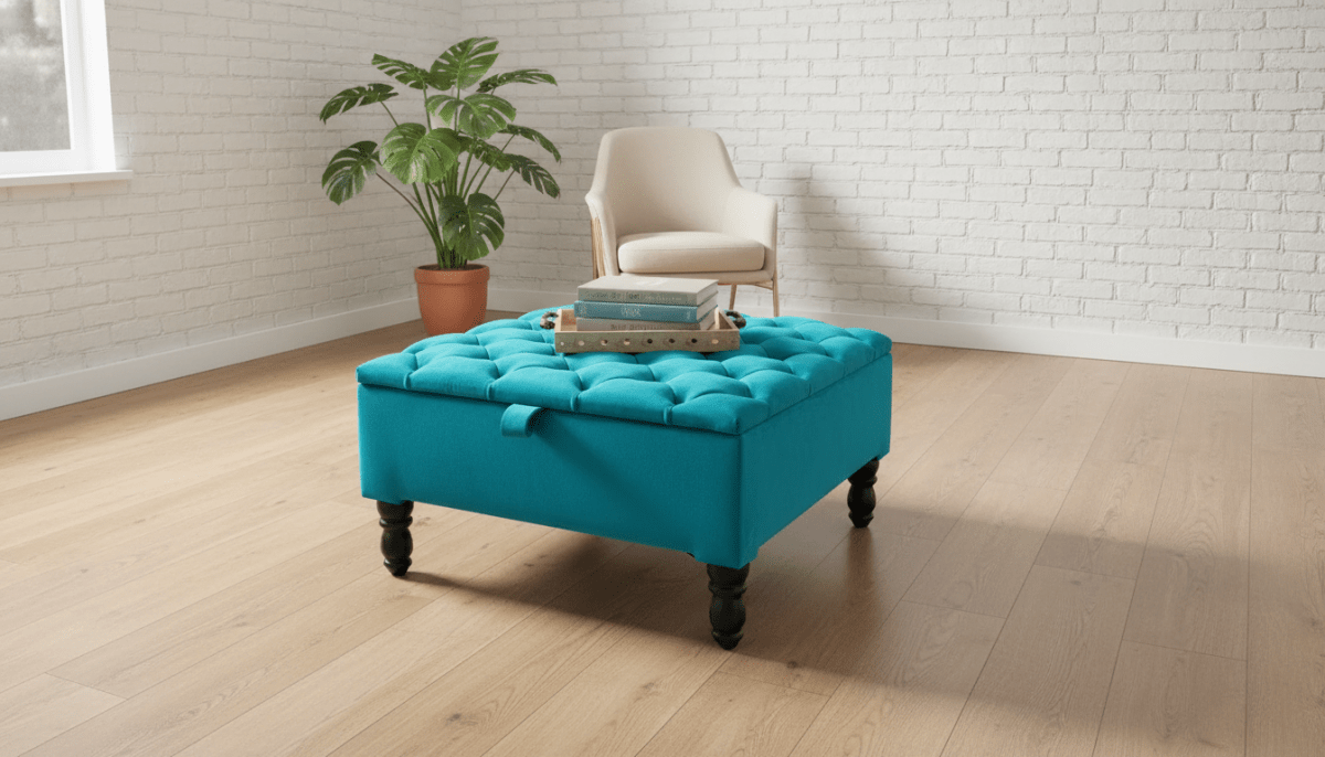 Luxury Square Ottoman Storage Bench in Aqua – Multifunctional Coffee Table & Hidden Storage - ISTOOLS