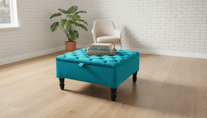 Luxury Square Ottoman Storage Bench in Aqua – Multifunctional Coffee Table & Hidden Storage - ISTOOLS
