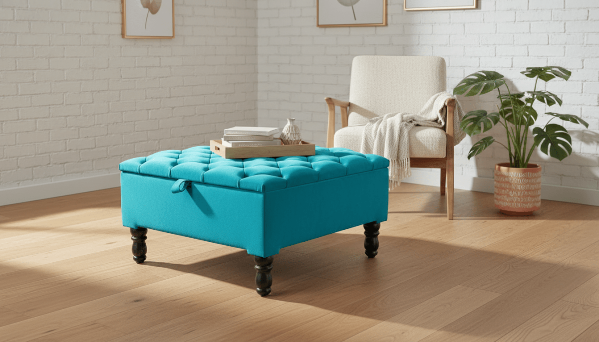 Luxury Square Ottoman Storage Bench in Aqua – Multifunctional Coffee Table & Hidden Storage - ISTOOLS