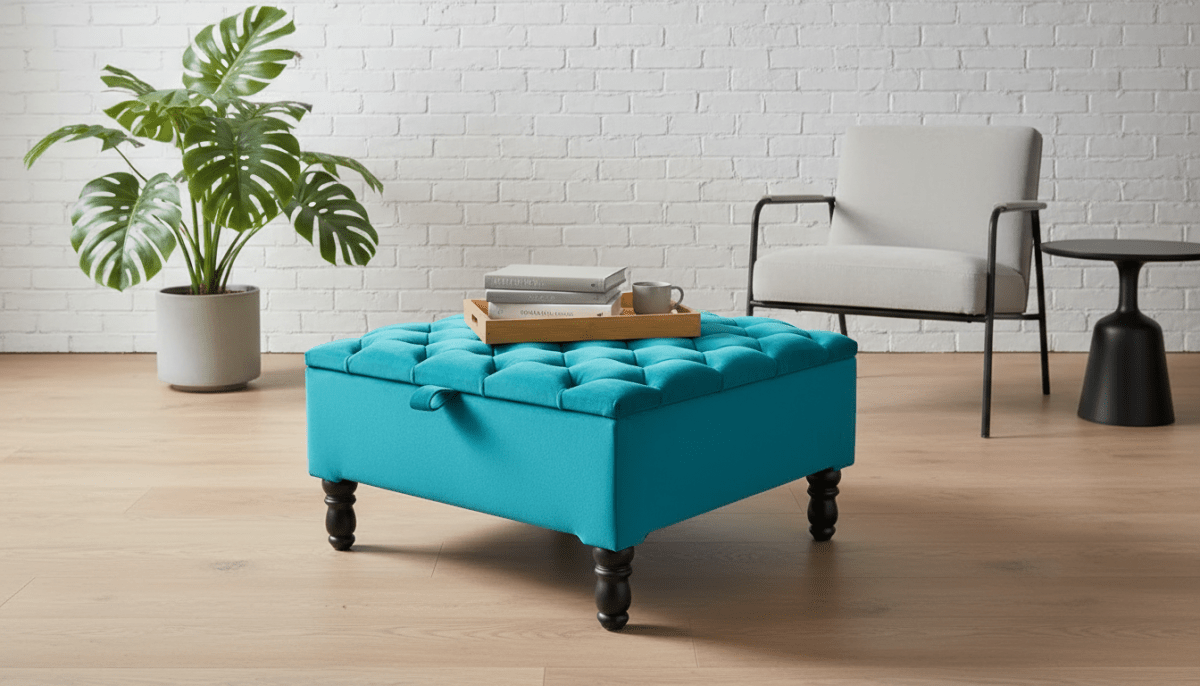 Luxury Square Ottoman Storage Bench in Aqua – Multifunctional Coffee Table & Hidden Storage - ISTOOLS