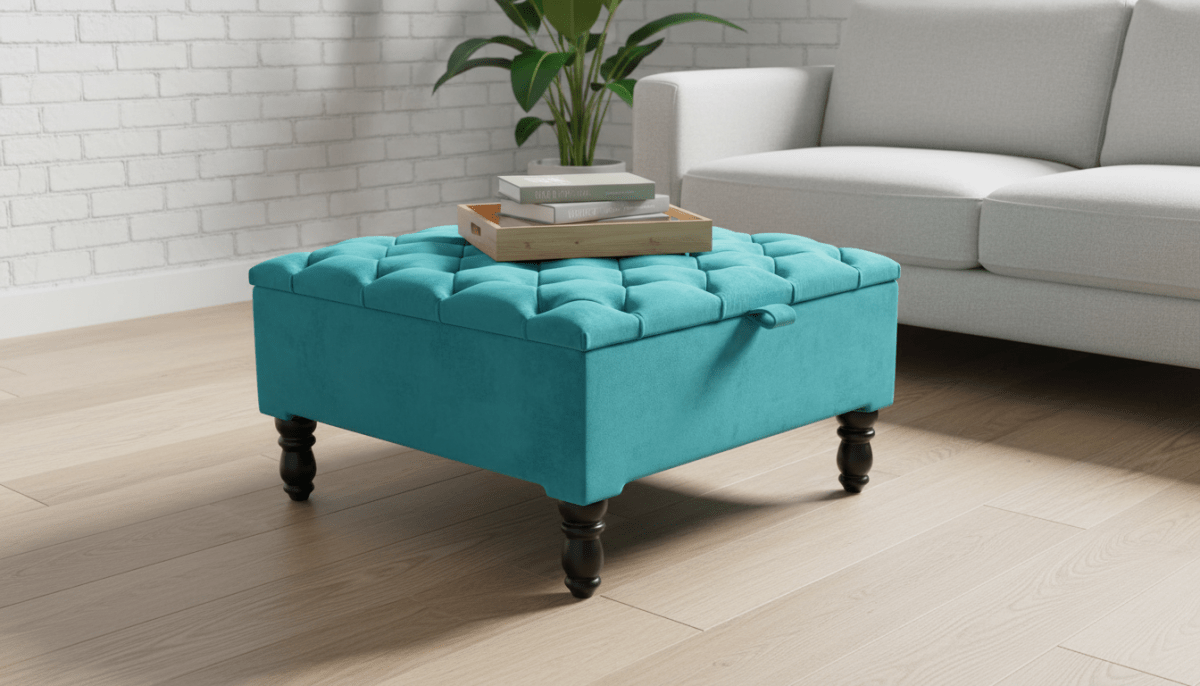 Luxury Square Ottoman Storage Bench in Aqua – Multifunctional Coffee Table & Hidden Storage - ISTOOLS