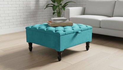 Luxury Square Ottoman Storage Bench in Aqua – Multifunctional Coffee Table & Hidden Storage - ISTOOLS