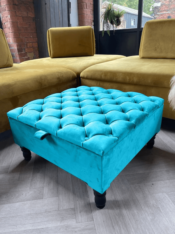 Luxury Square Ottoman Storage Bench in Aqua – Multifunctional Coffee Table & Hidden Storage - ISTOOLS