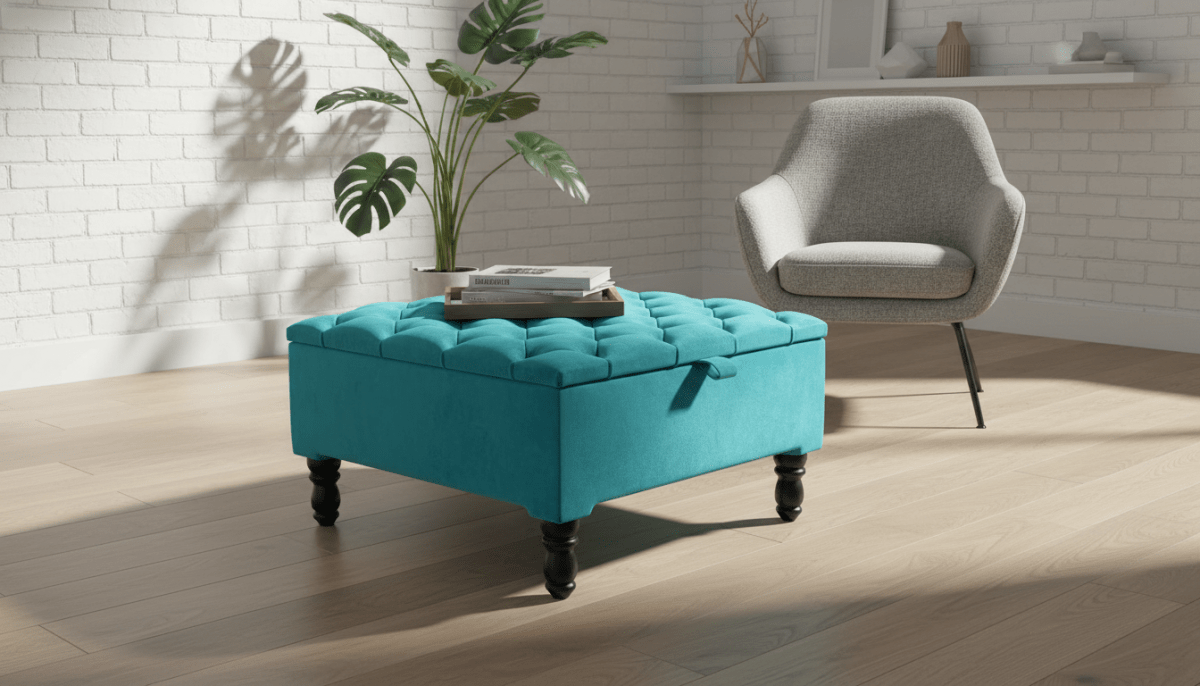 Luxury Square Ottoman Storage Bench in Aqua – Multifunctional Coffee Table & Hidden Storage - ISTOOLS