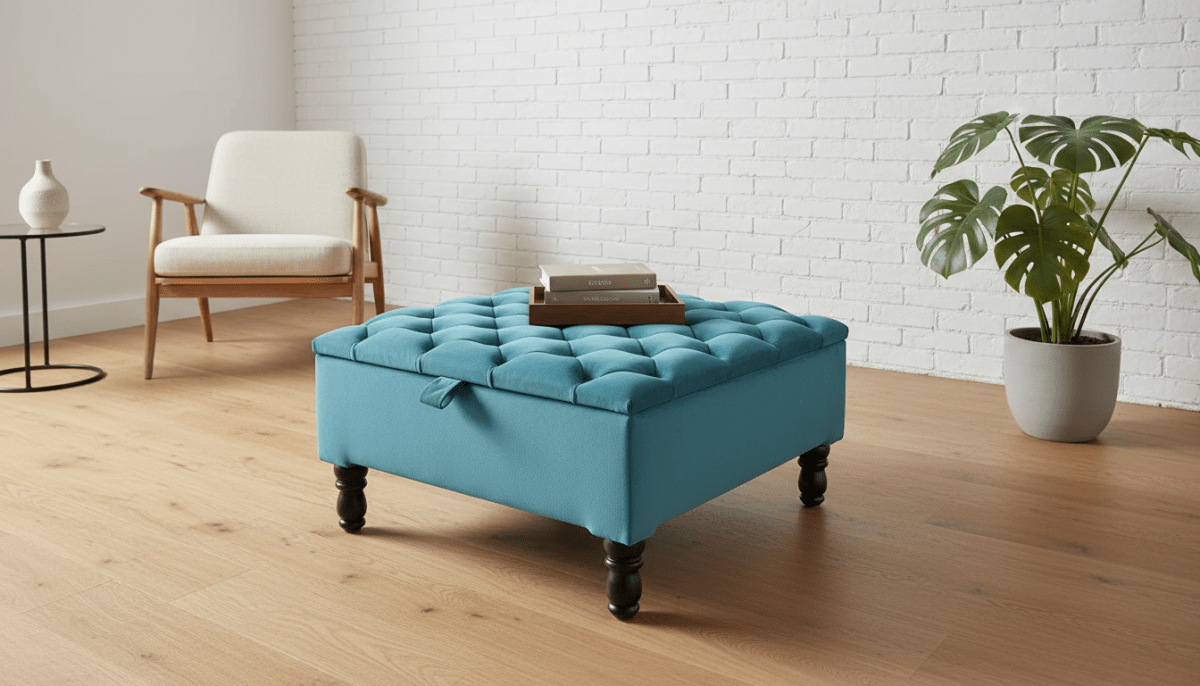 Luxury Square Ottoman Storage Bench in Duck Egg Blue – Multifunctional Coffee Table & Hidden Storage - ISTOOLS