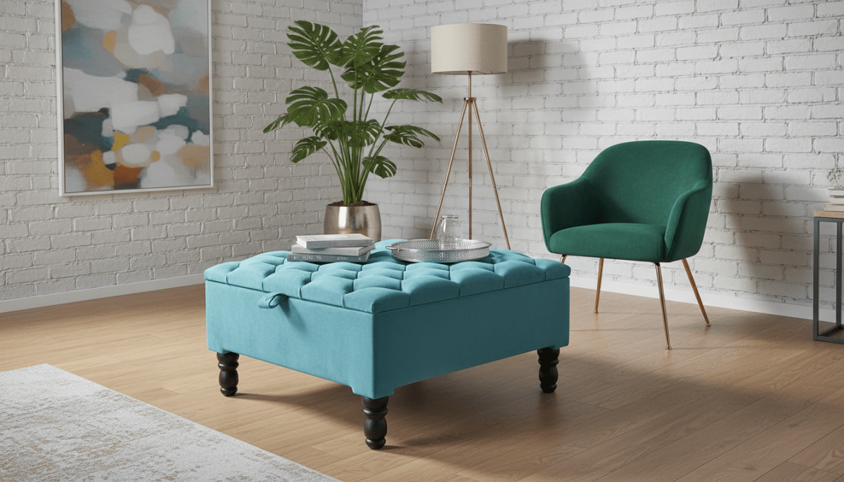 Luxury Square Ottoman Storage Bench in Duck Egg Blue – Multifunctional Coffee Table & Hidden Storage - ISTOOLS