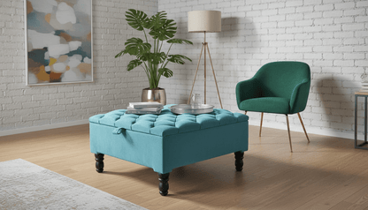Luxury Square Ottoman Storage Bench in Duck Egg Blue – Multifunctional Coffee Table & Hidden Storage - ISTOOLS