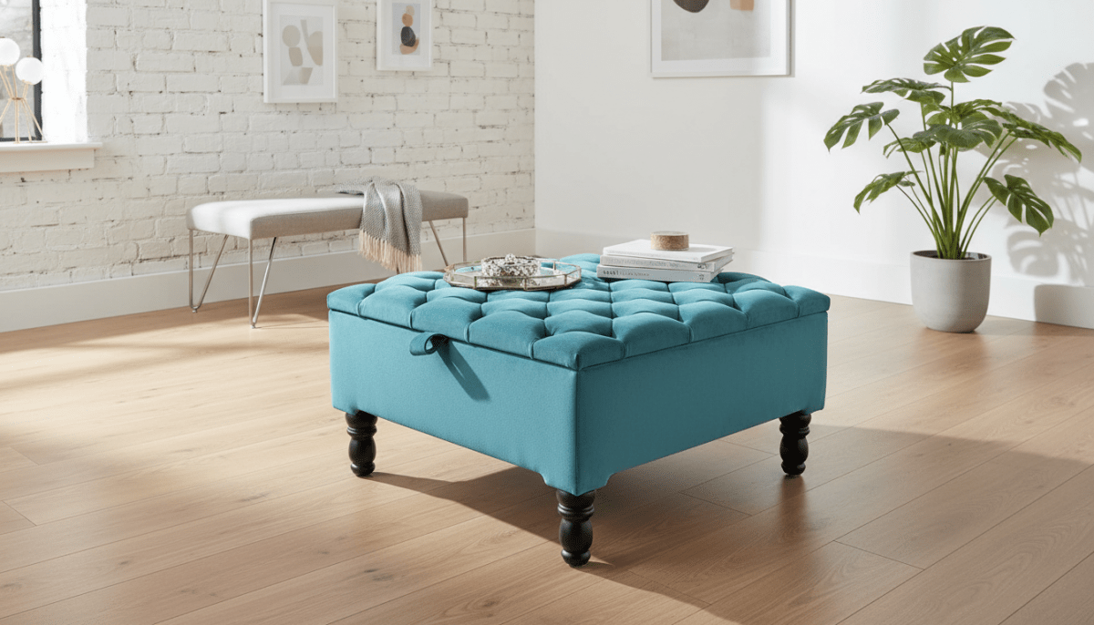 Luxury Square Ottoman Storage Bench in Duck Egg Blue – Multifunctional Coffee Table & Hidden Storage - ISTOOLS