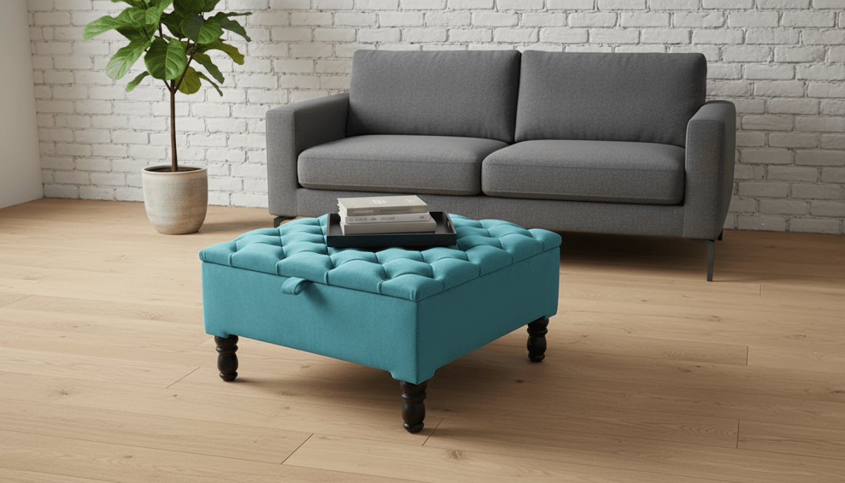 Luxury Square Ottoman Storage Bench in Duck Egg Blue – Multifunctional Coffee Table & Hidden Storage - ISTOOLS
