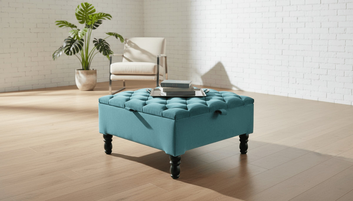 Luxury Square Ottoman Storage Bench in Duck Egg Blue – Multifunctional Coffee Table & Hidden Storage - ISTOOLS