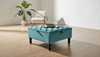 Luxury Square Ottoman Storage Bench in Duck Egg Blue – Multifunctional Coffee Table & Hidden Storage - ISTOOLS