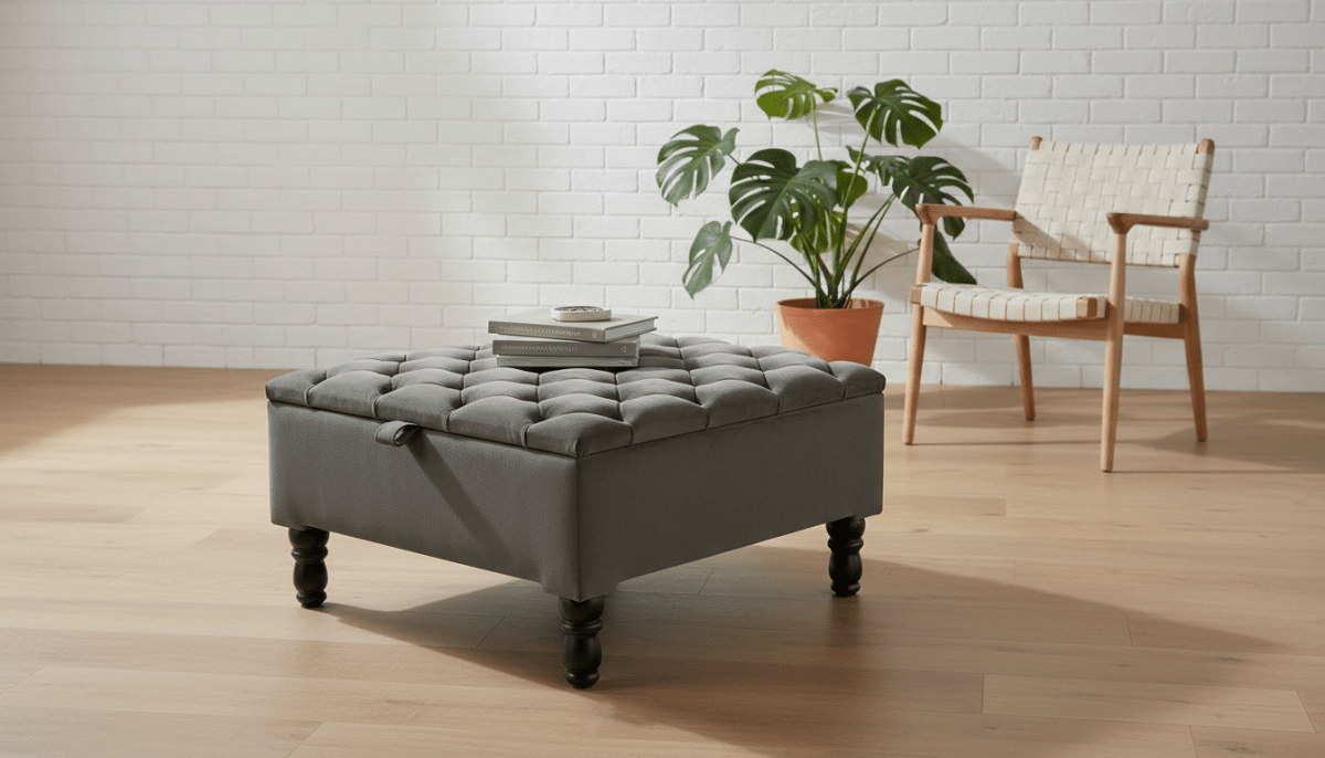 Luxury Square Ottoman Storage Bench in Olive Green – Multifunctional Coffee Table & Hidden Storage - ISTOOLS