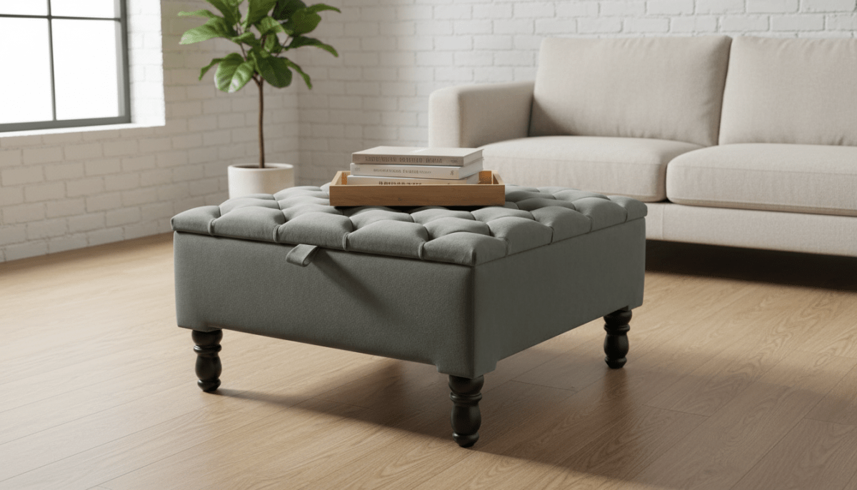 Luxury Square Ottoman Storage Bench in Olive Green – Multifunctional Coffee Table & Hidden Storage - ISTOOLS