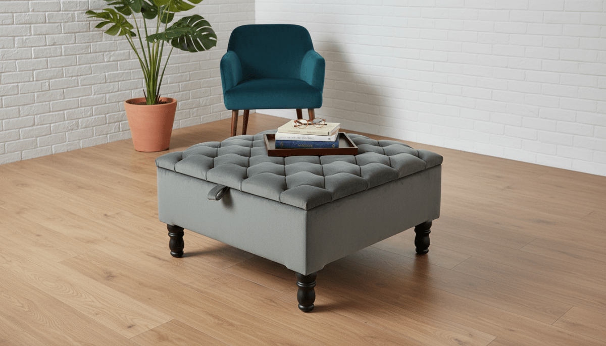 Luxury Square Ottoman Storage Bench in Olive Green – Multifunctional Coffee Table & Hidden Storage - ISTOOLS