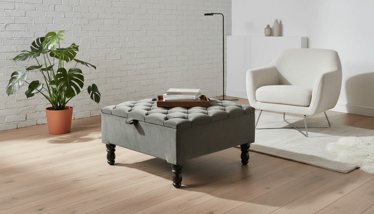 Luxury Square Ottoman Storage Bench in Olive Green – Multifunctional Coffee Table & Hidden Storage - ISTOOLS