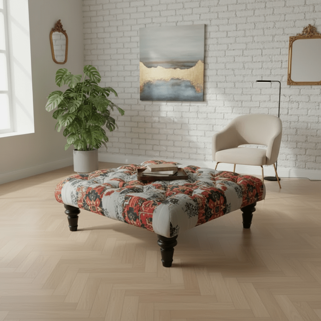 Luxury Upholstered Buttoned Square Bench Multi - Toned Designer Finish - ISTOOLS