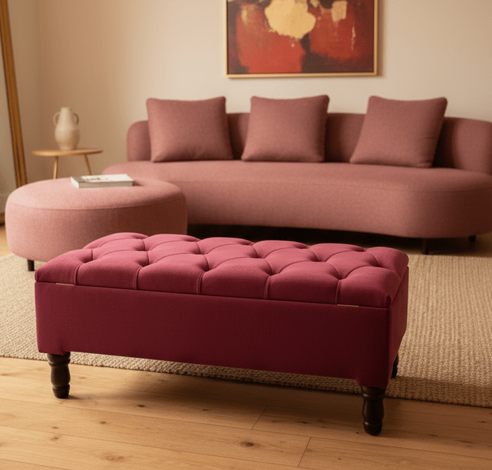 Storage ottoman bench in deep maroon velvet for bedroom and lounge - ISTOOLS