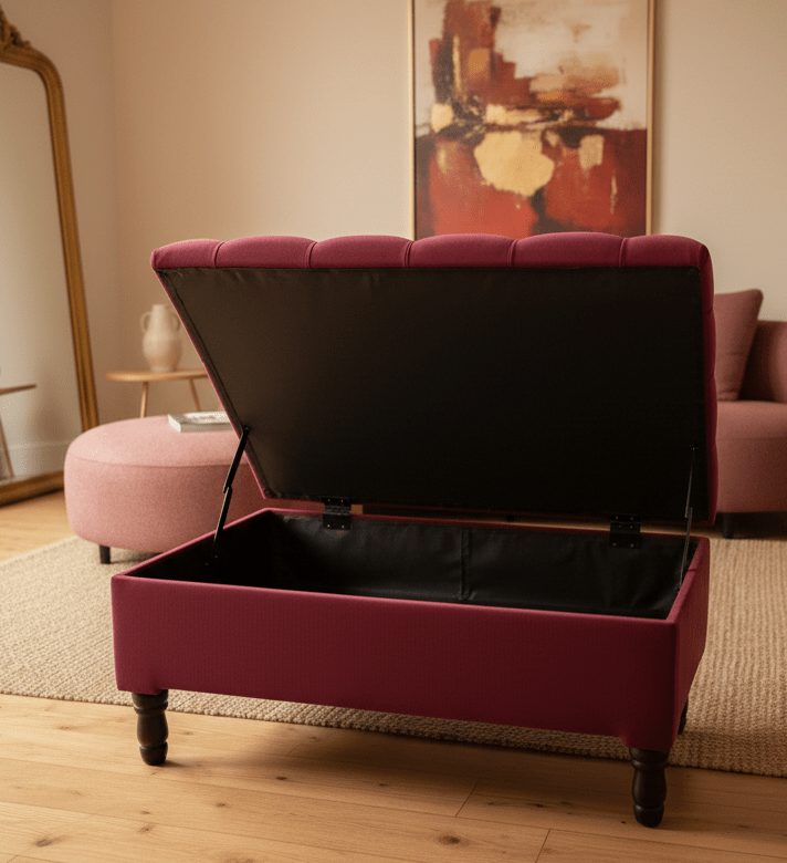 Maroon velvet ottoman with wooden base and spacious hidden storage - ISTOOLS