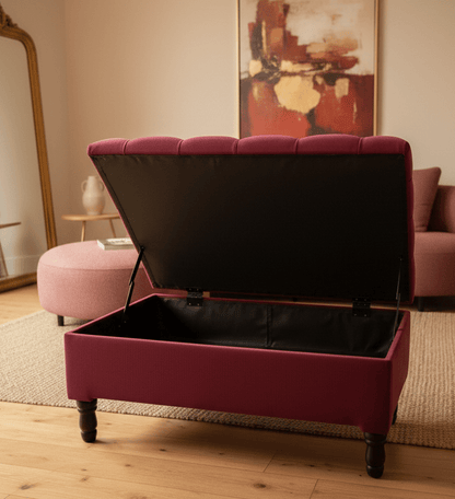 Maroon velvet ottoman with wooden base and spacious hidden storage - ISTOOLS