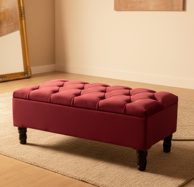 Luxury maroon velvet footstool with internal storage and padded top - ISTOOLS