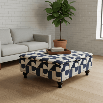 Modern Conservatory Accent Table with Hidden Storage | Abstract Design Fabric Ottoman | istools Luxury Centrepiece - ISTOOLS