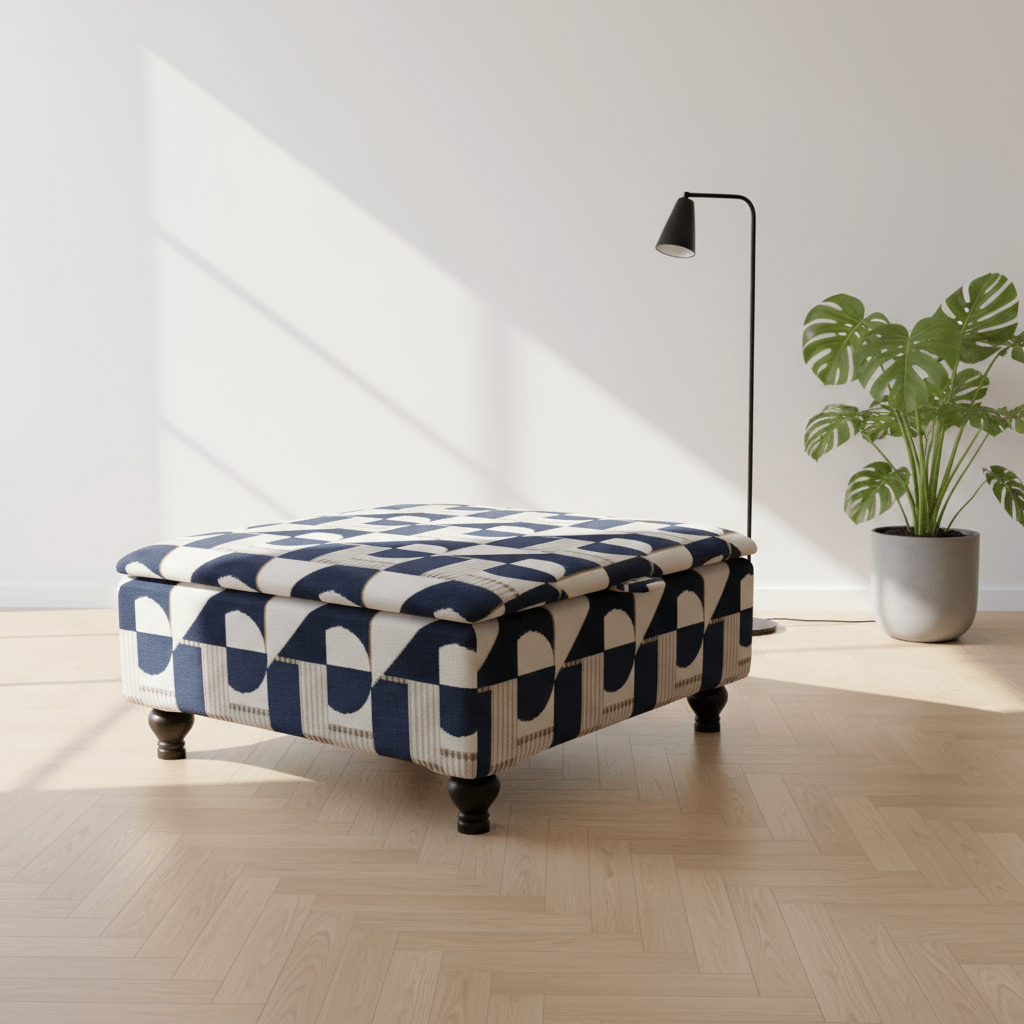 Modern Conservatory Accent Table with Hidden Storage | Abstract Design Fabric Ottoman | istools Luxury Centrepiece - ISTOOLS