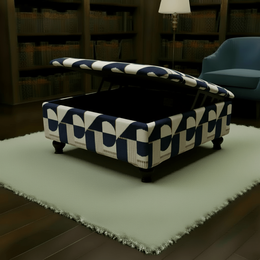 Modern Conservatory Accent Table with Hidden Storage | Abstract Design Fabric Ottoman | istools Luxury Centrepiece - ISTOOLS