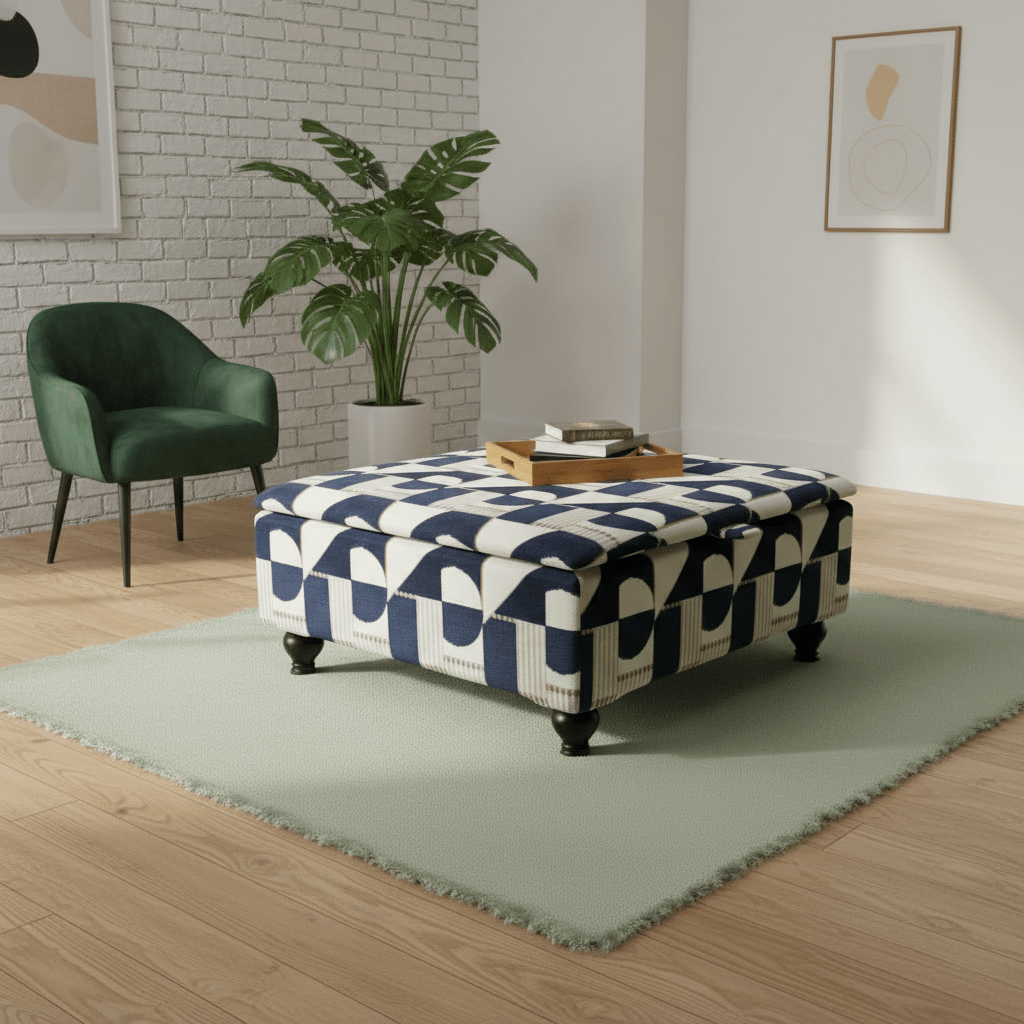 Modern Conservatory Accent Table with Hidden Storage | Abstract Design Fabric Ottoman | istools Luxury Centrepiece - ISTOOLS