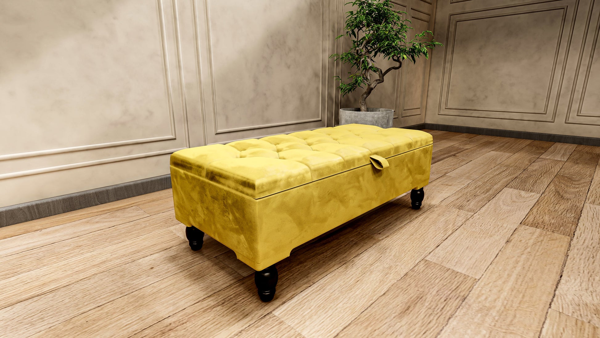 Mustard Gold Ottoman Storage Bench | Gold Velvet Chesterfield Footstool - ISTOOLS