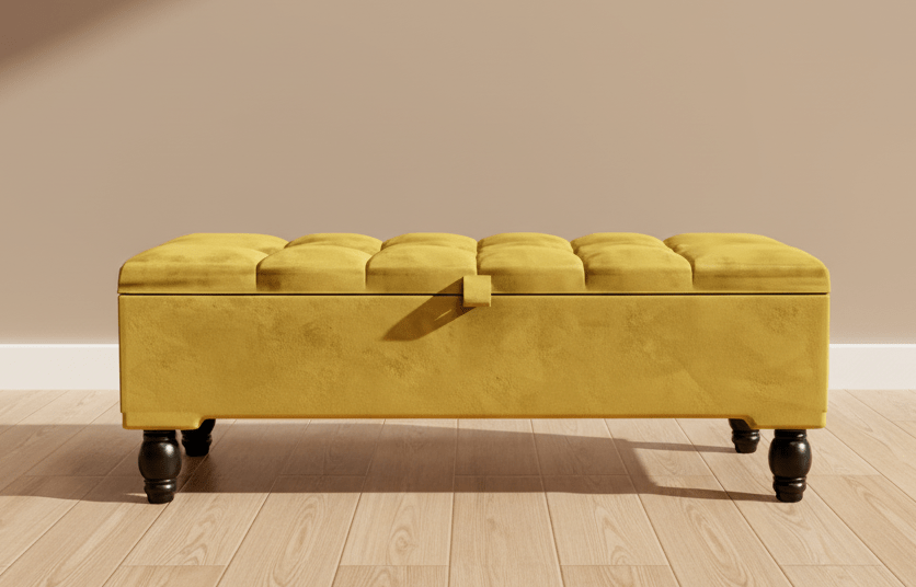 Mustard Gold Ottoman Storage Bench | Gold Velvet Chesterfield Footstool - ISTOOLS