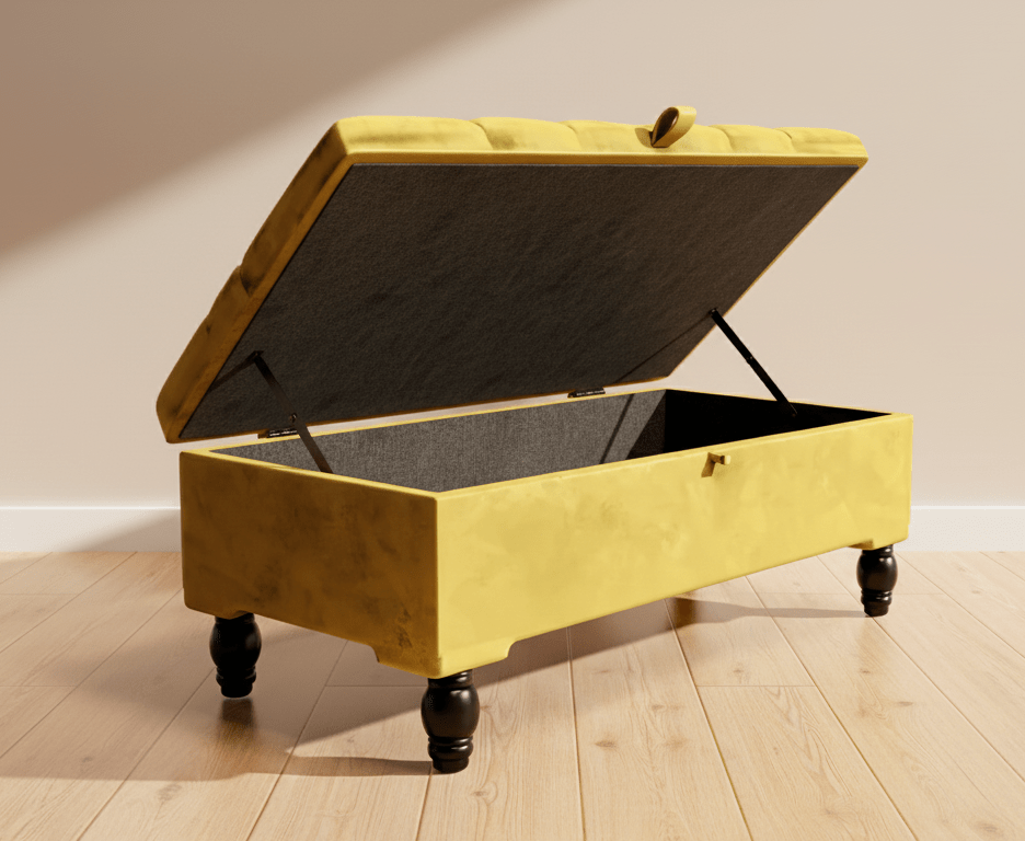 Mustard Gold Ottoman Storage Bench | Gold Velvet Chesterfield Footstool - ISTOOLS