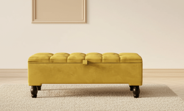 Mustard Gold Ottoman Storage Bench | Gold Velvet Chesterfield Footstool - ISTOOLS