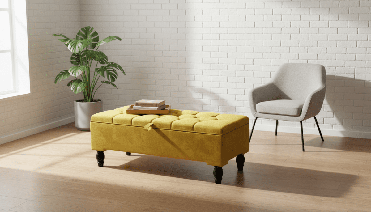 Mustard Gold Ottoman Storage Bench – Gold Velvet Chesterfield Footstool with Deep Storage - ISTOOLS