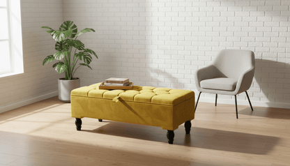 Mustard Gold Ottoman Storage Bench – Gold Velvet Chesterfield Footstool with Deep Storage - ISTOOLS