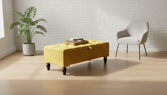 Mustard Gold Ottoman Storage Bench – Gold Velvet Chesterfield Footstool with Deep Storage - ISTOOLS