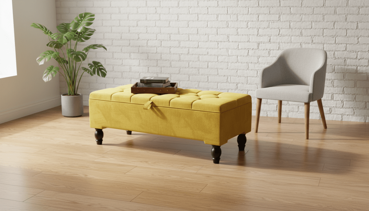 Mustard Gold Ottoman Storage Bench – Gold Velvet Chesterfield Footstool with Deep Storage - ISTOOLS
