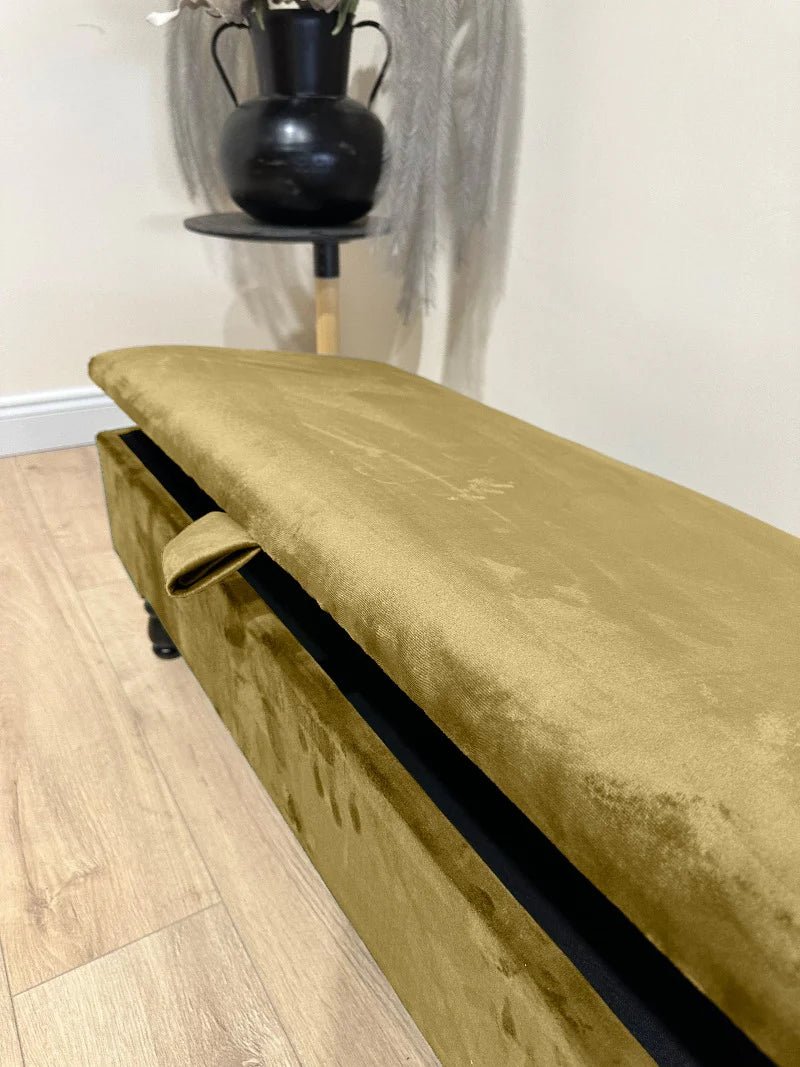 Mustard Gold Plain Ottoman Storage Bench | Gold Velvet Plain Footstool - ISTOOLS
