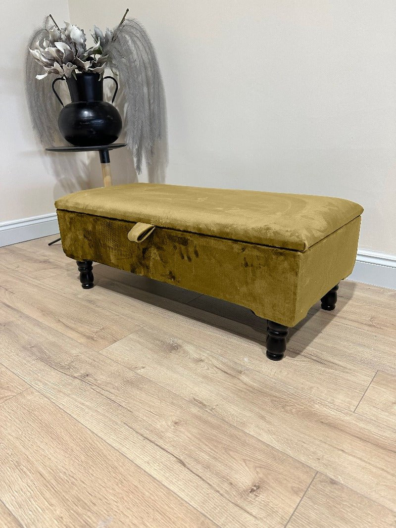 Mustard Gold Plain Ottoman Storage Bench | Gold Velvet Plain Footstool - ISTOOLS