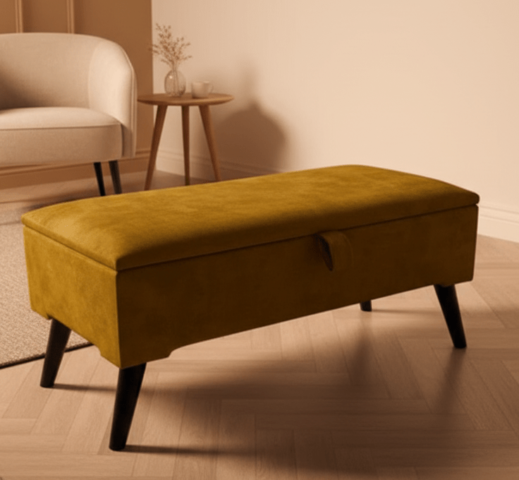 Mustard Gold Plain Ottoman Storage Bench | Gold Velvet Plain Footstool - ISTOOLS