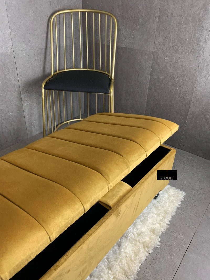 Mustard Gold Storage Bench | Mustard Yellow Velvet Footstool - ISTOOLS