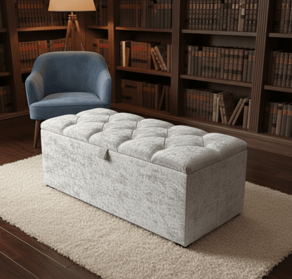 Large Silver Storage Ottoman with Velvet Upholstery and Hidden Compartment - ISTOOLS