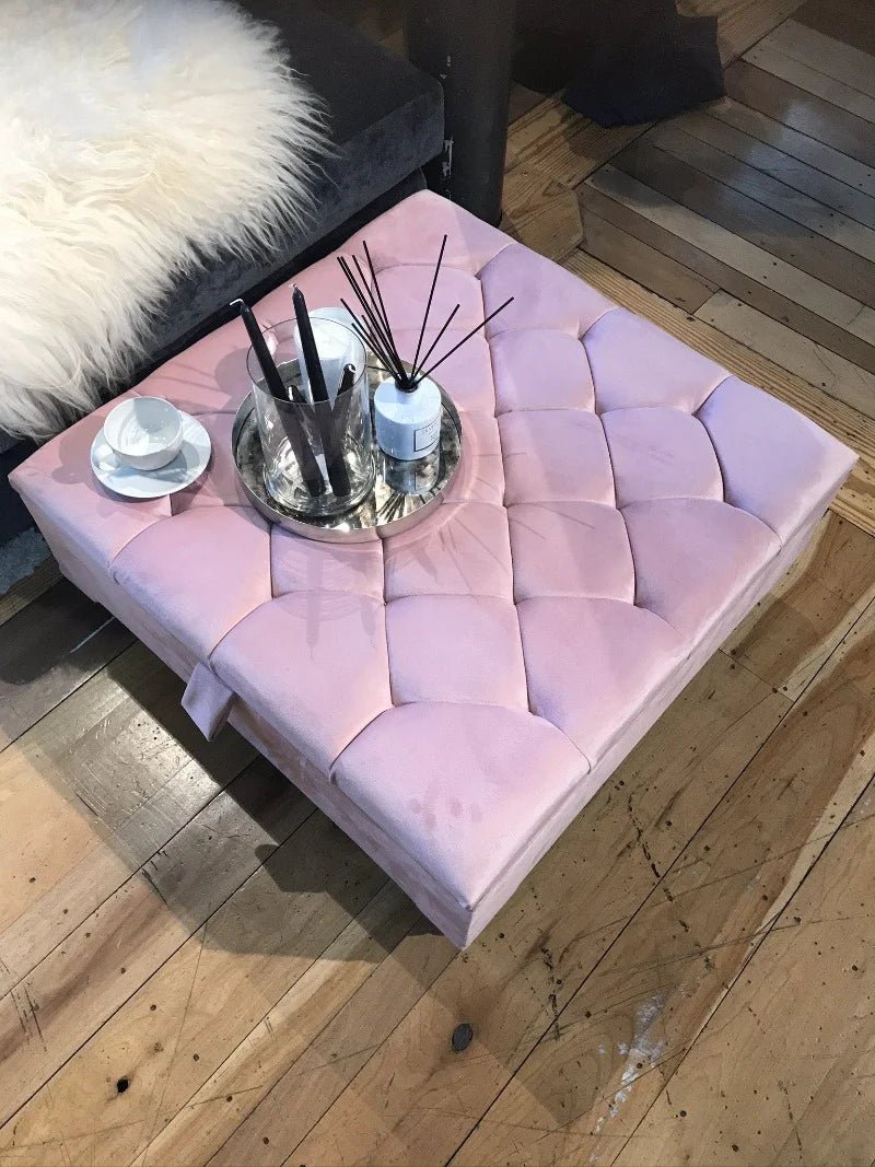 Pink Square Ottoman Storage | Pink Buttoned Footstool For Living Room - ISTOOLS