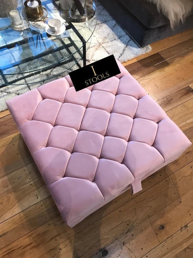 Pink Square Ottoman Storage | Pink Buttoned Footstool For Living Room - ISTOOLS