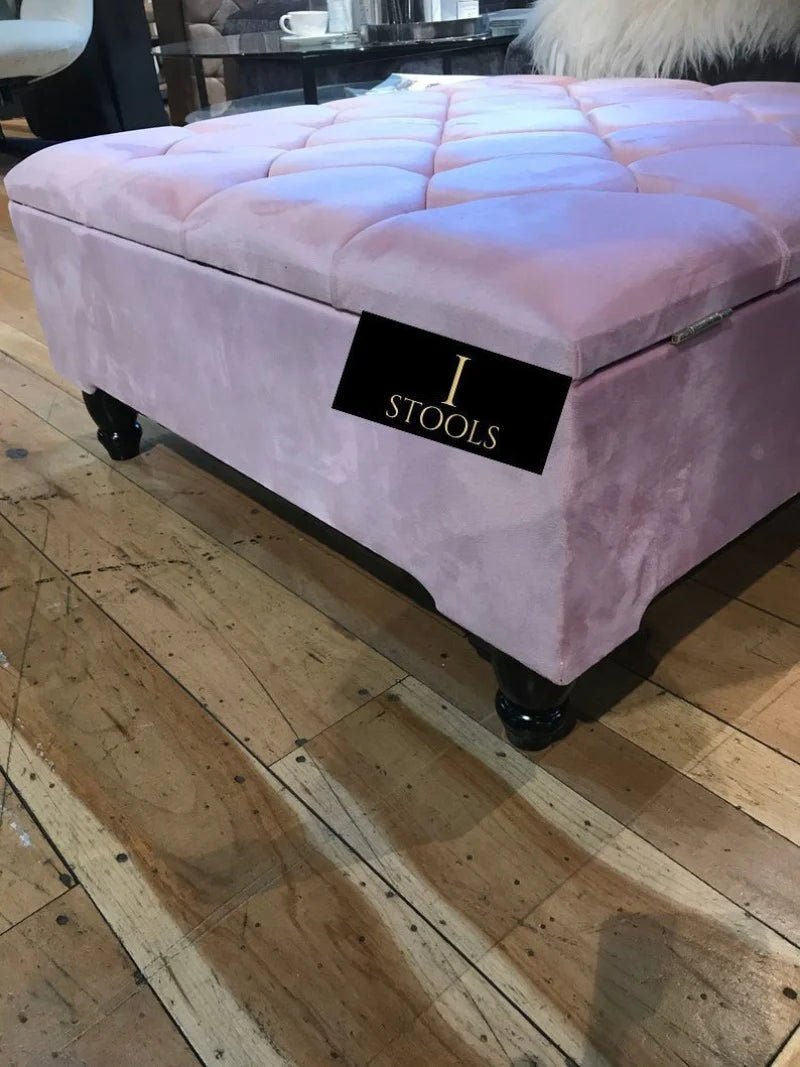Pink Square Ottoman Storage | Pink Buttoned Footstool For Living Room - ISTOOLS