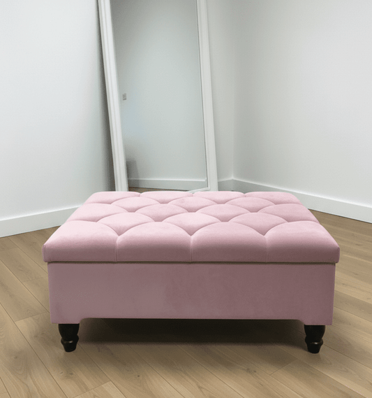 Pink Square Ottoman Storage | Pink Buttoned Footstool For Living Room - ISTOOLS