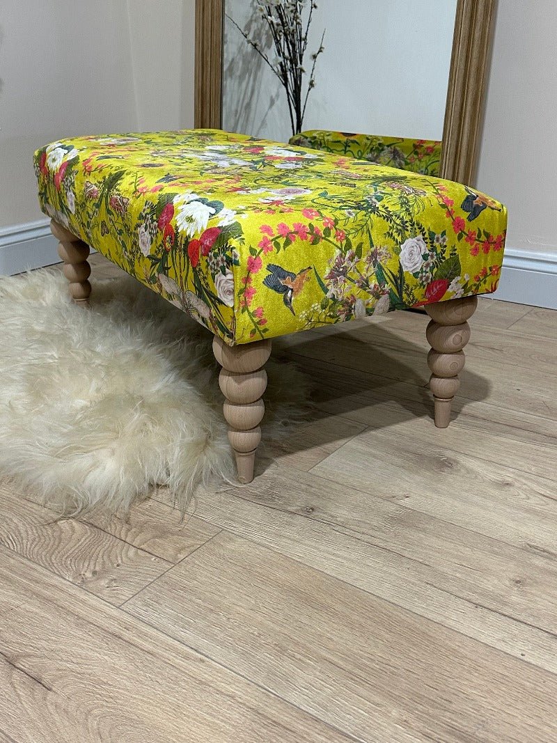 PREMIUM BARBADOS FOOTSTOOL YELLOW FIRST BIRD FLORAL POUFFE FOOTREST - ISTOOLS